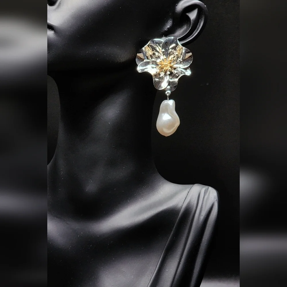 Silver and White Pearl Drop Earrings